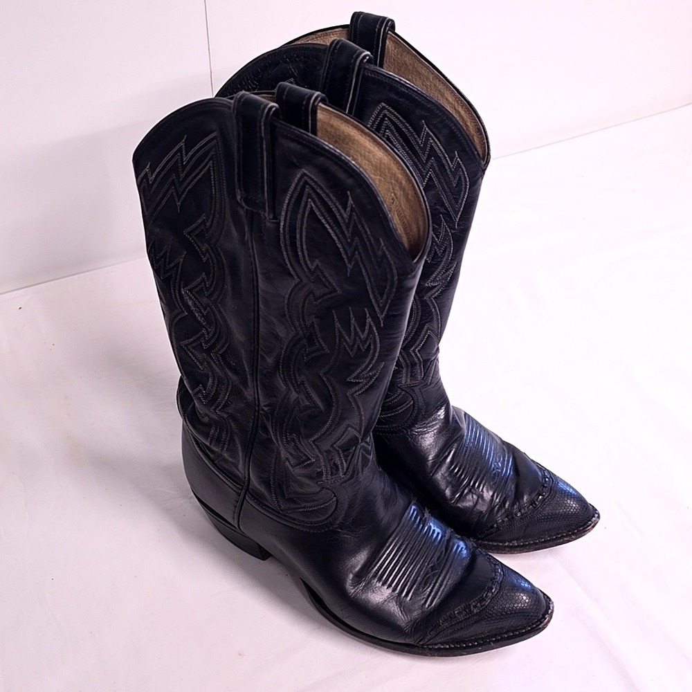 Vintage Tony Lama Cowboy Boots Mens 7.5 EEE Black Leather Western Pointed Toe